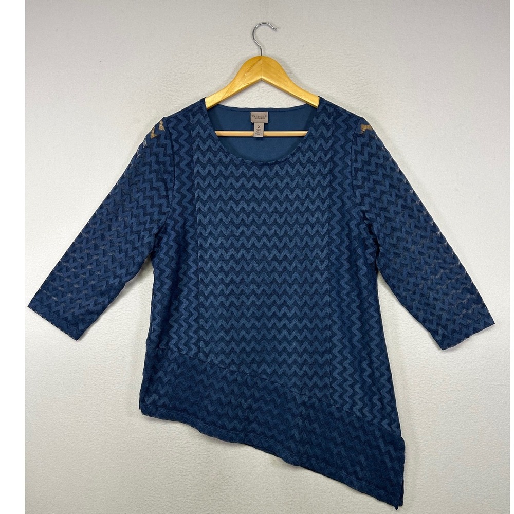 Modern Chico's‎ Womens 2 Large Navy Blue Chevron Asymmetrical Sharkbite Mesh Top
